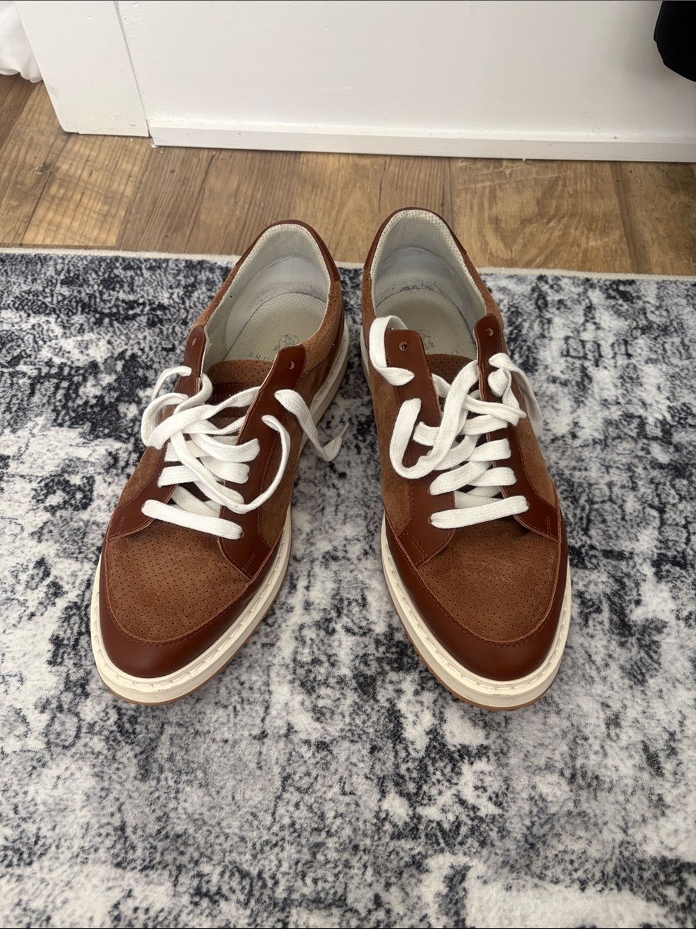 Brunello Cucinelli Brown Leather & Suede Lace-Up Sneakers with White Laces
